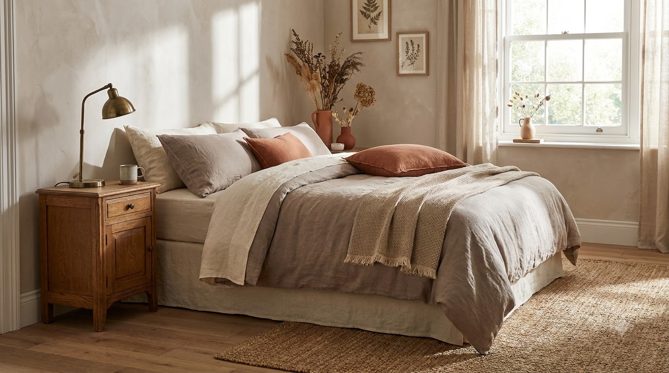 3. Mushroom + Terracotta + Linen — Bedroom Color Palette Guide: 12 Calming Combinations