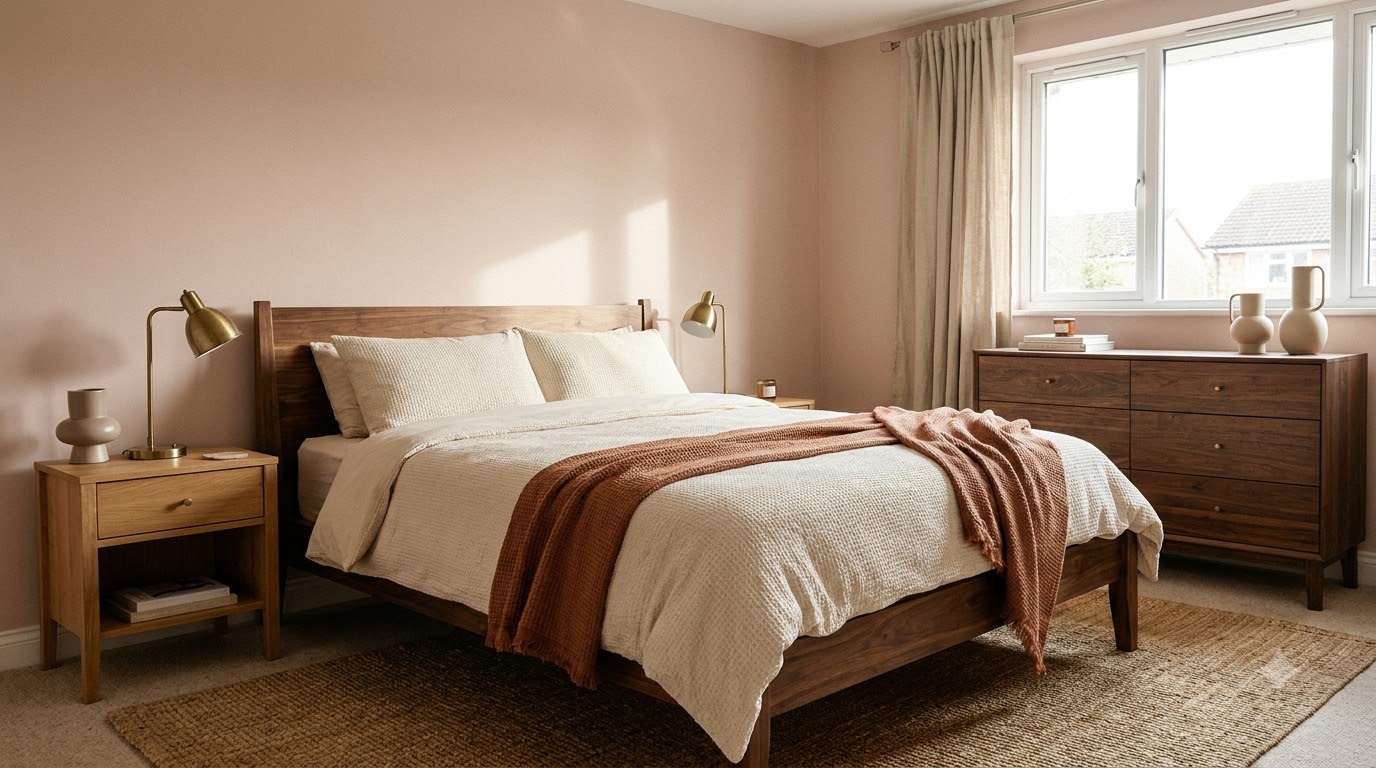 2. Setting Plaster Pink + Cream + Walnut — Bedroom Color Palette Guide: 12 Calming Combinations