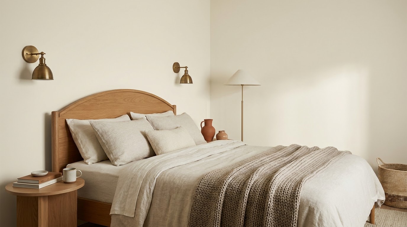 1. Swiss Coffee Cream + Oat + Aged Brass — Bedroom Color Palette Guide: 12 Calming Combinations