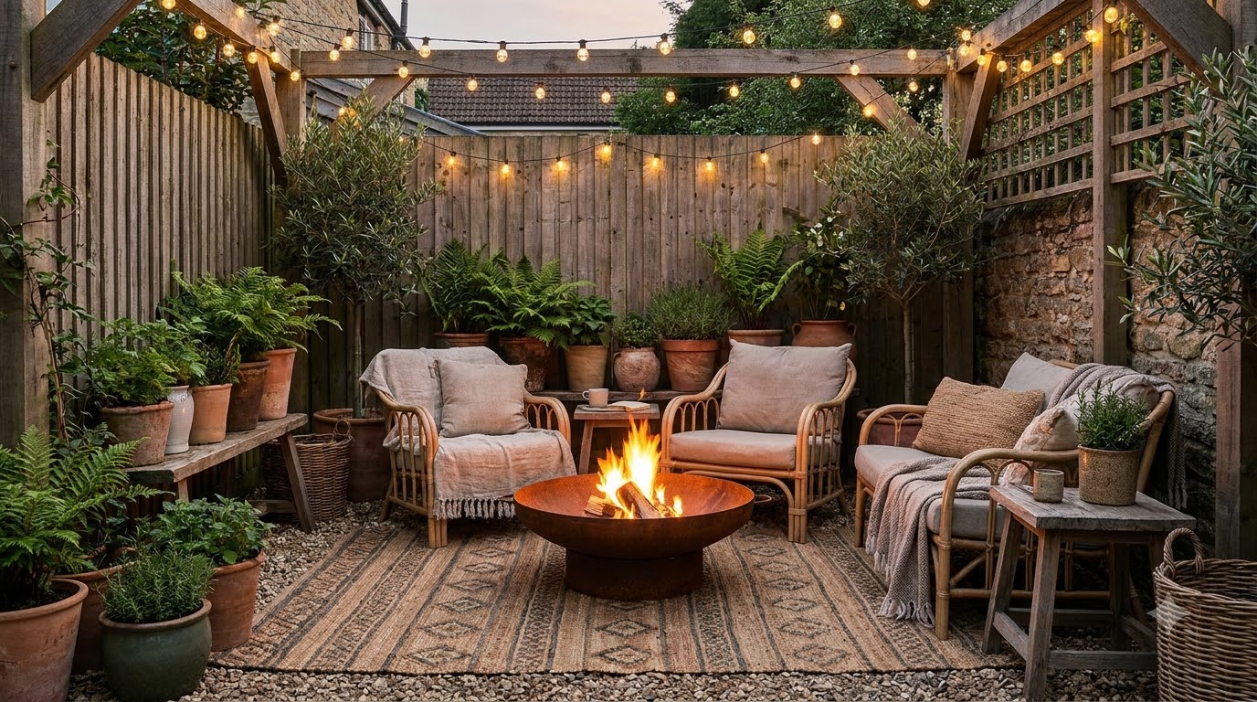 Cozy small backyard on a budget with string lights, fire bowl, and container plants at dusk