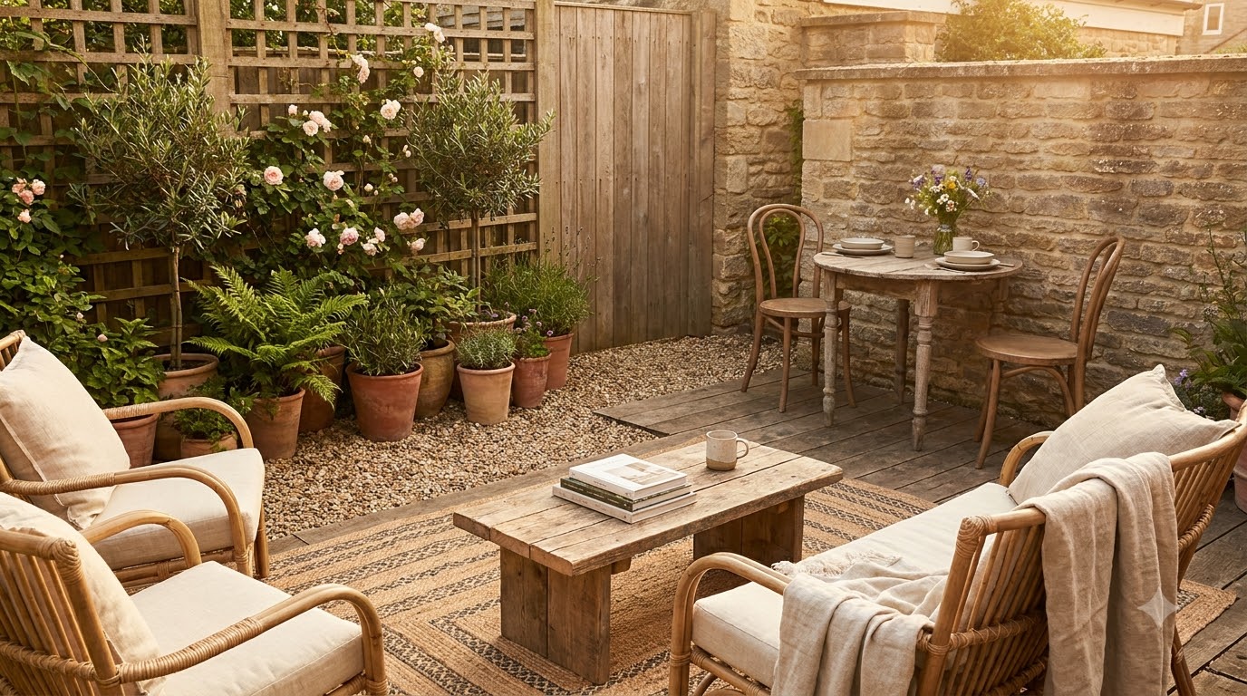 Small backyard divided into lounge, dining, and green zones
