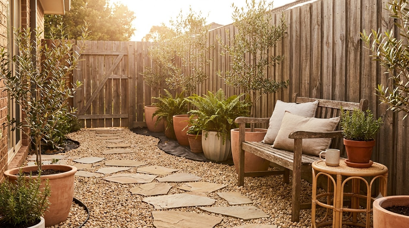 Budget pea gravel patio ground cover in a small backyard