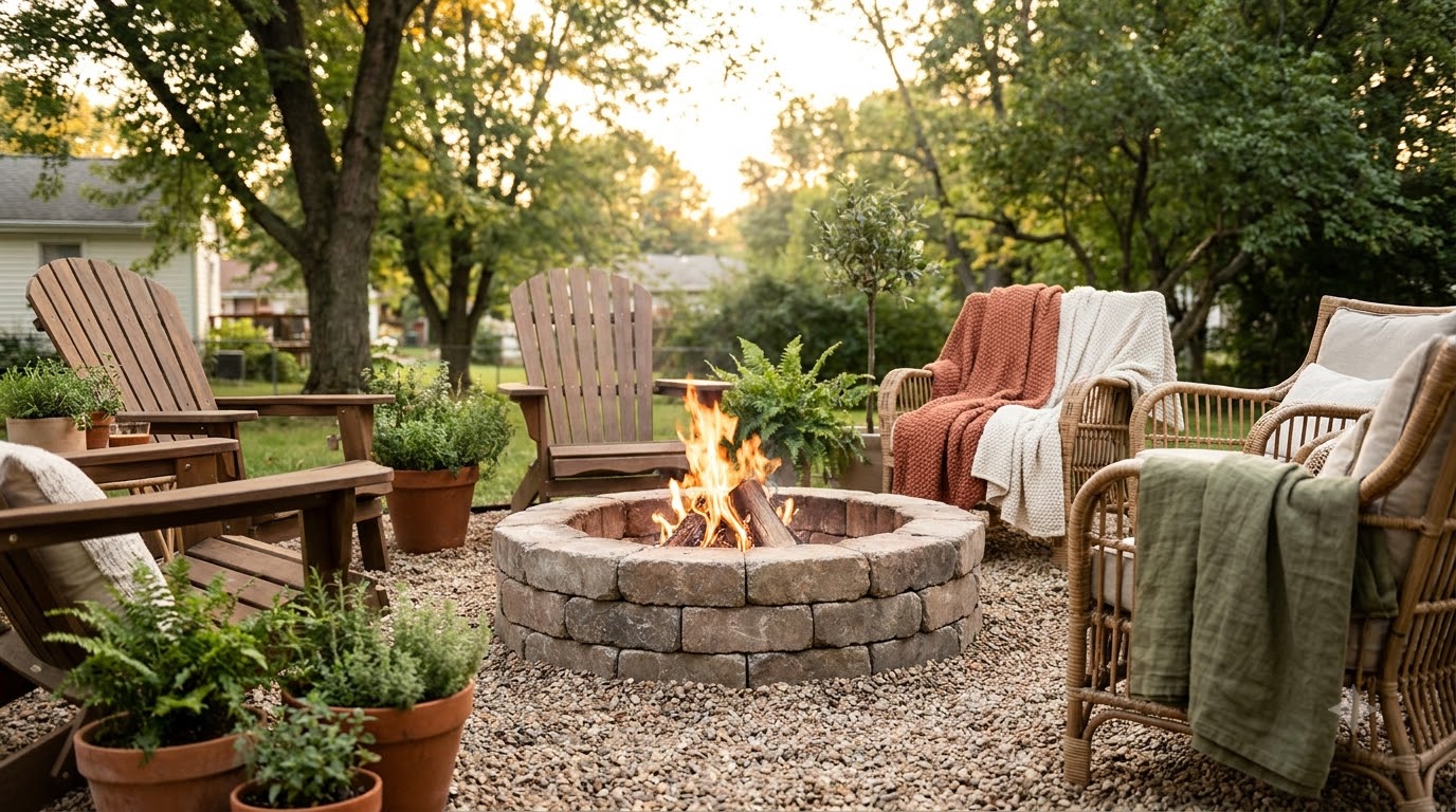 DIY dry-stacked concrete block fire pit in a small backyard