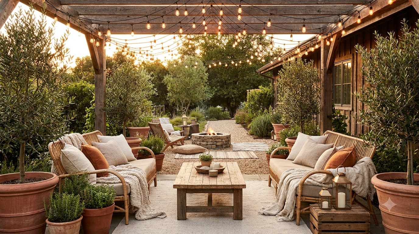 Warm string lights strung overhead in a cozy backyard patio at dusk