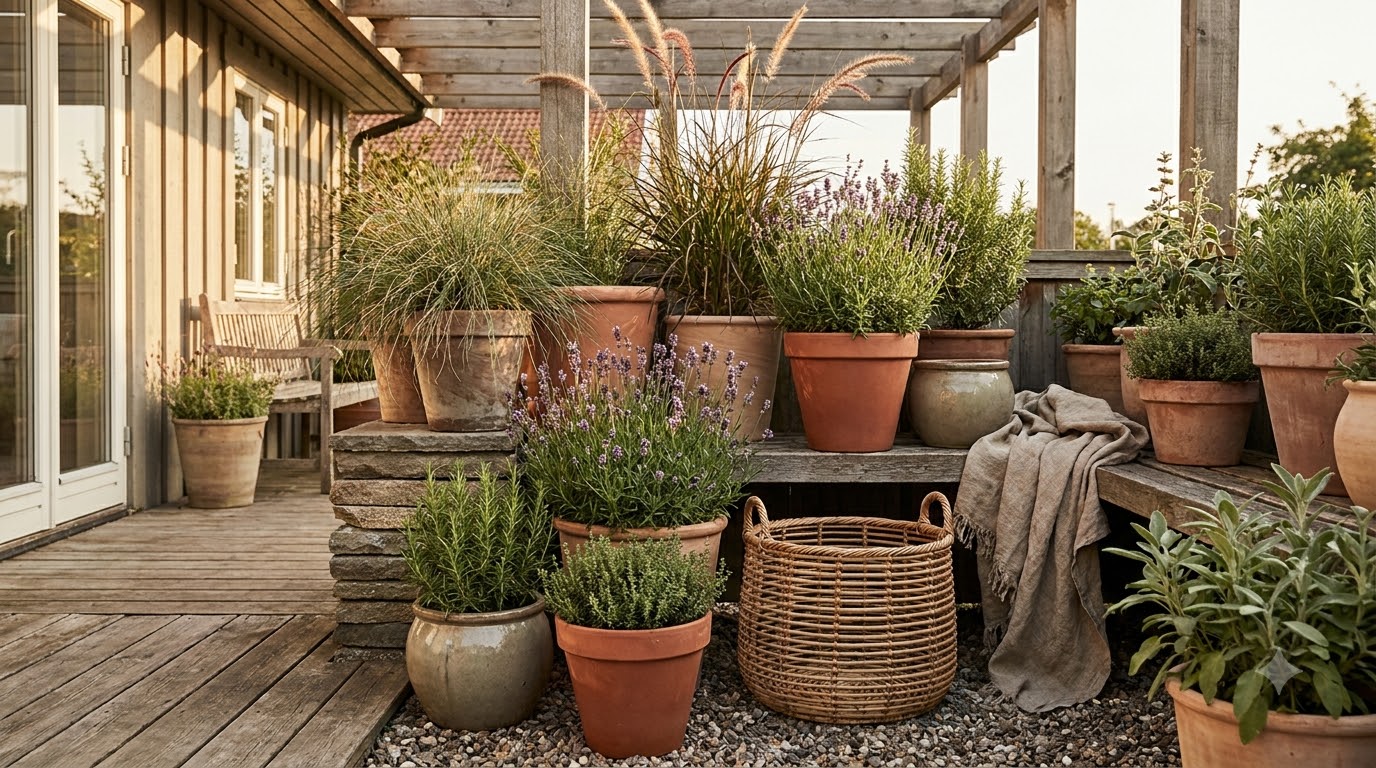 Container plants in varied heights on a small budget patio