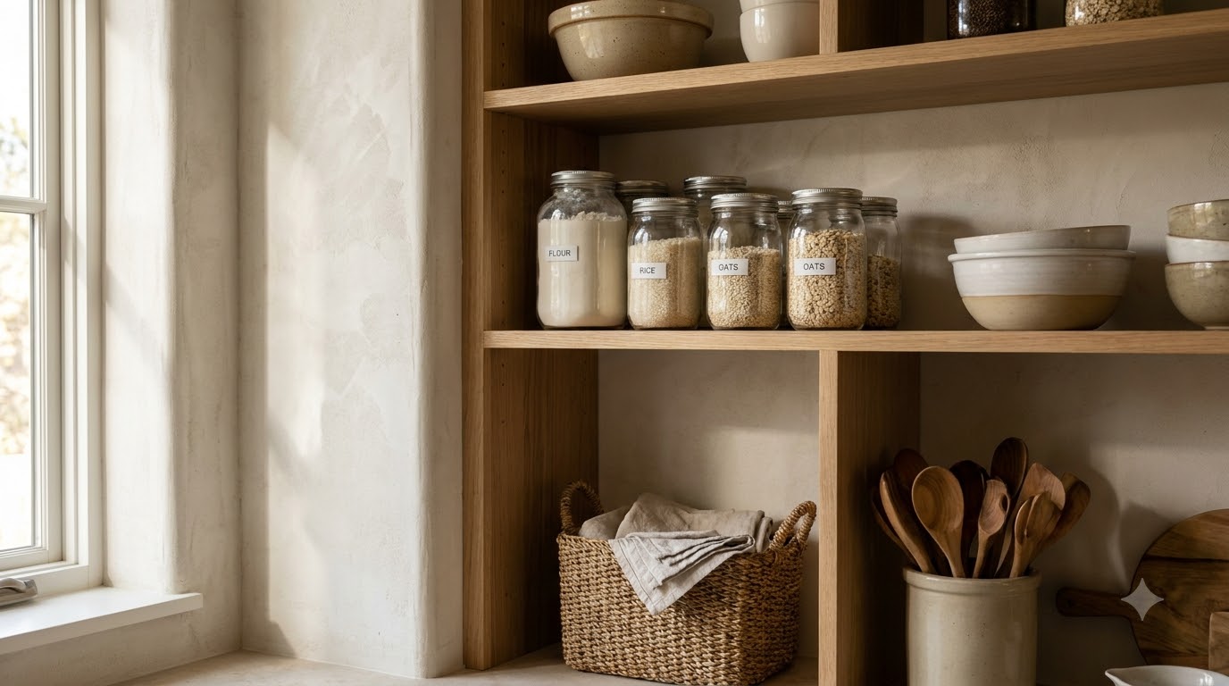 Kitchen cabinet emptied with dishes and food grouped by category on the counter