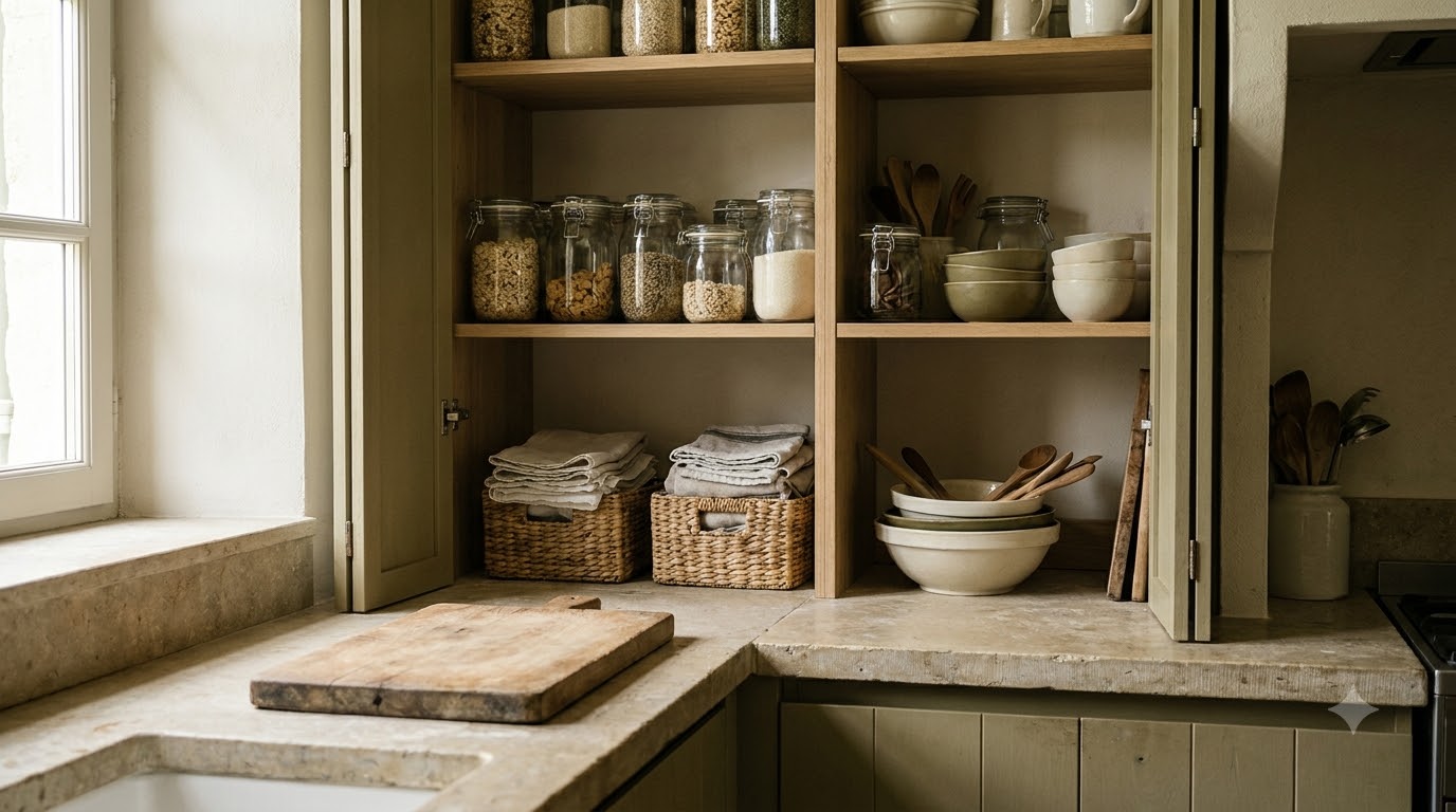 Two-tier lazy Susan turntable inside a corner cabinet holding oils and spice jars