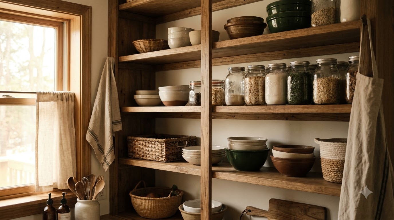 Kitchen cabinet shelves with printed white labels on the shelf edges and containers