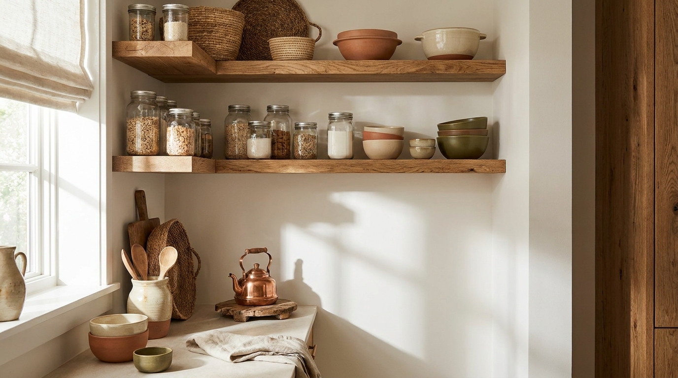 Kitchen cabinet with wire shelf risers holding stacked mugs and plates