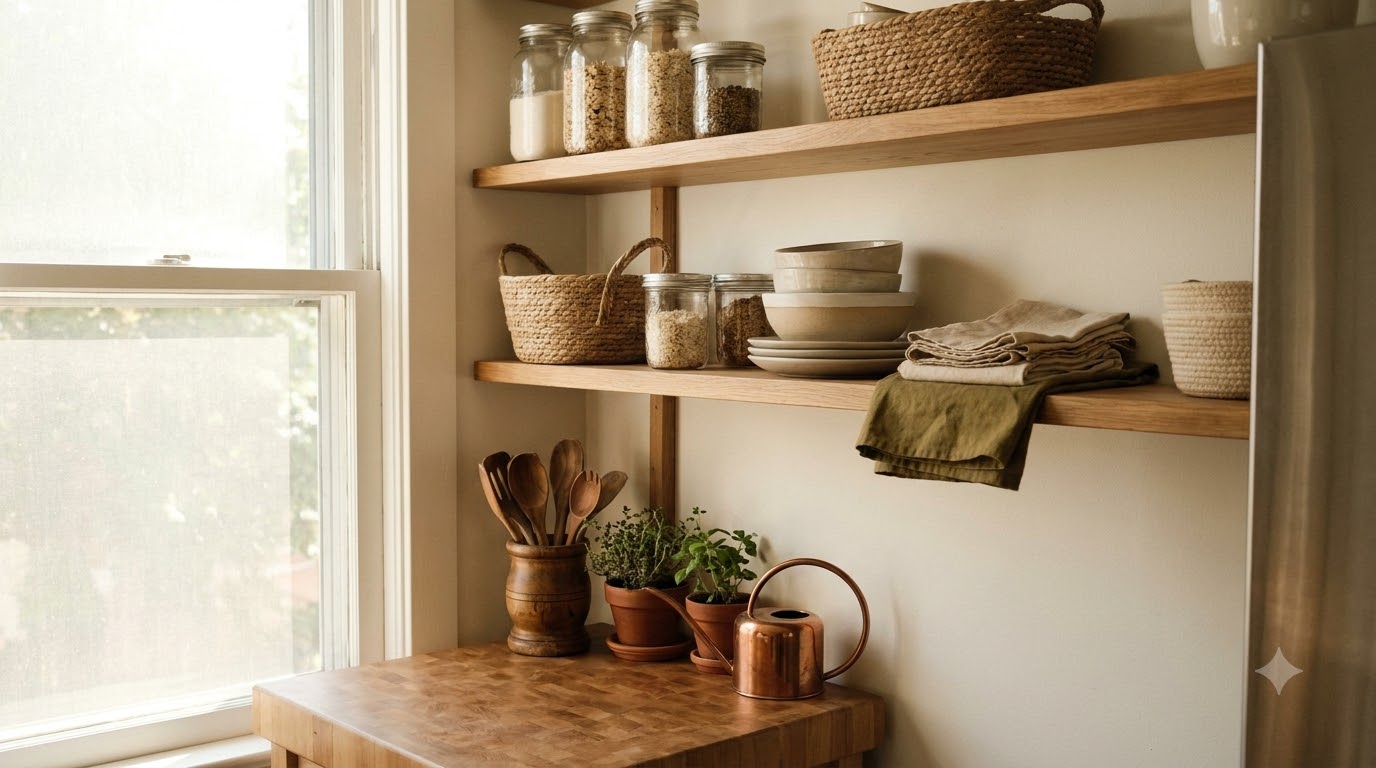 Pantry shelf with clear airtight canisters holding flour, pasta, and cereal, all labeled