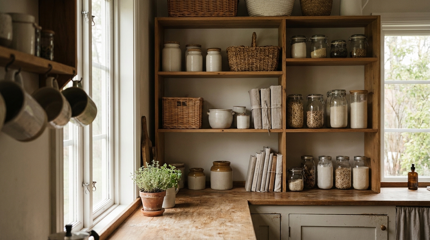 Clear kitchen counter with a single tray holding oils, salt, and a utensil crock