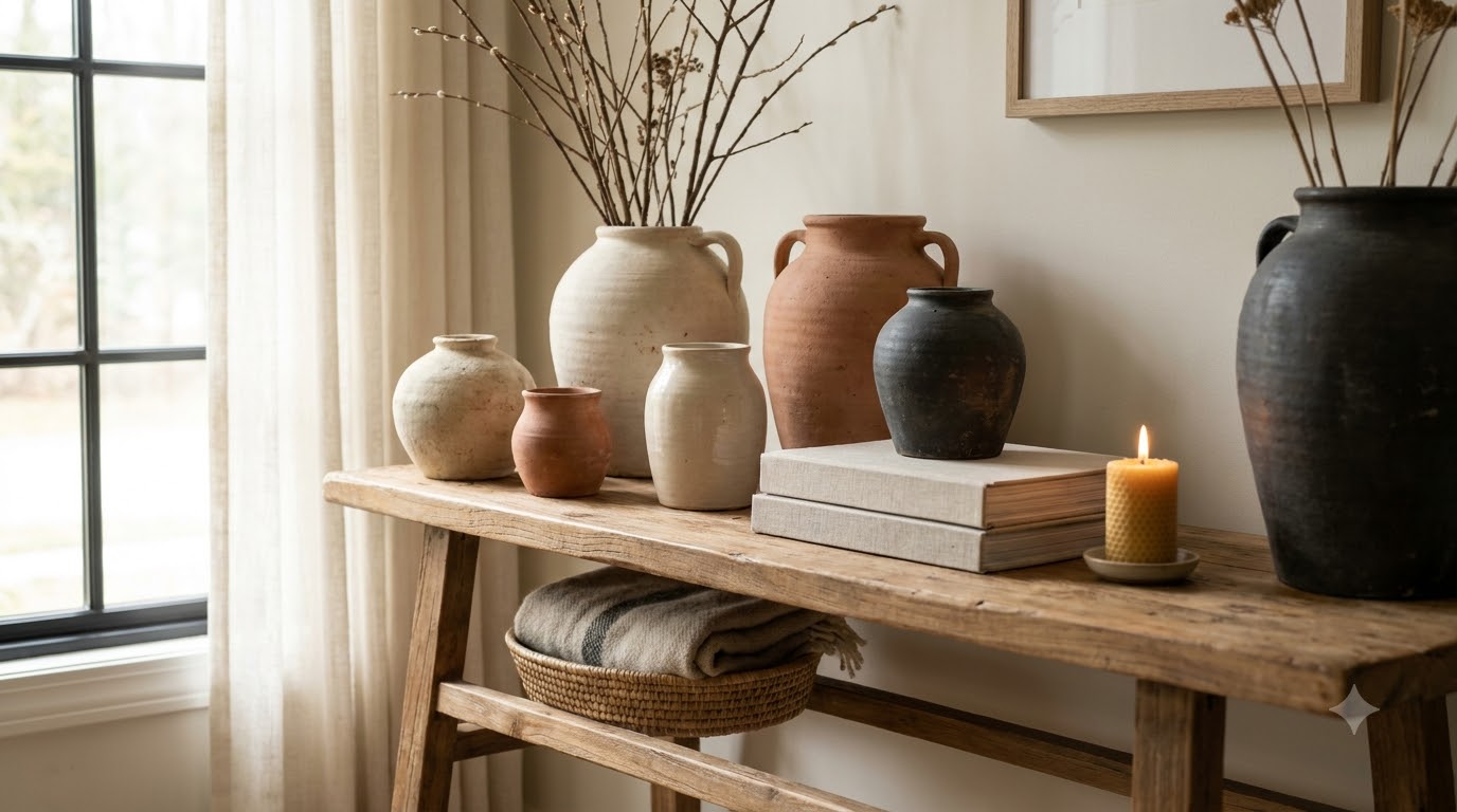 Cozy styled corner with warm dimmed lighting, textured throw, brass details, and a ceramic vase