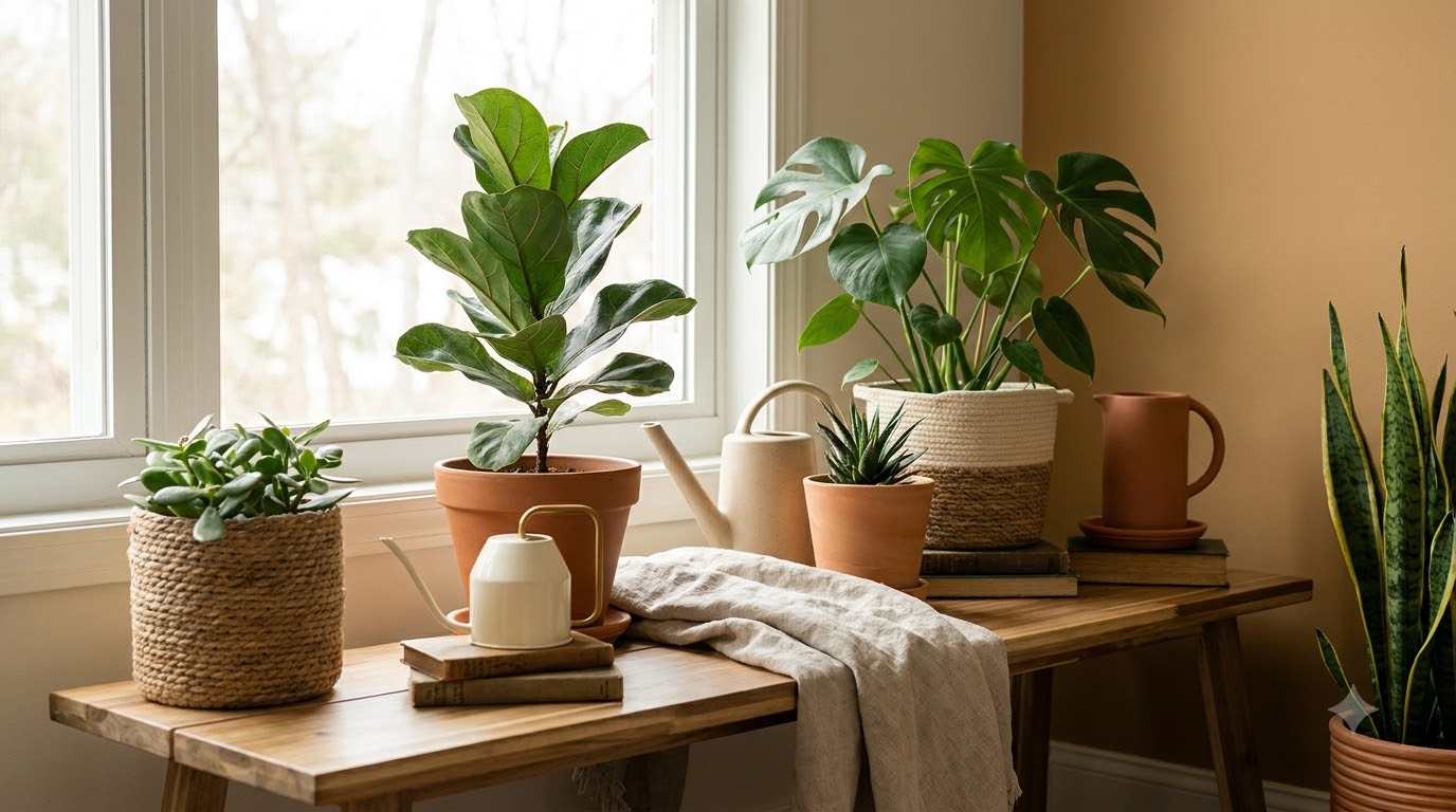 A glossy ZZ plant in a matte ceramic pot on a bathroom counter with soft indirect light