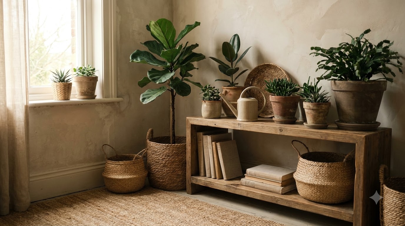 A pet-safe parlor palm and calathea grouped in woven baskets in a shaded living room corner