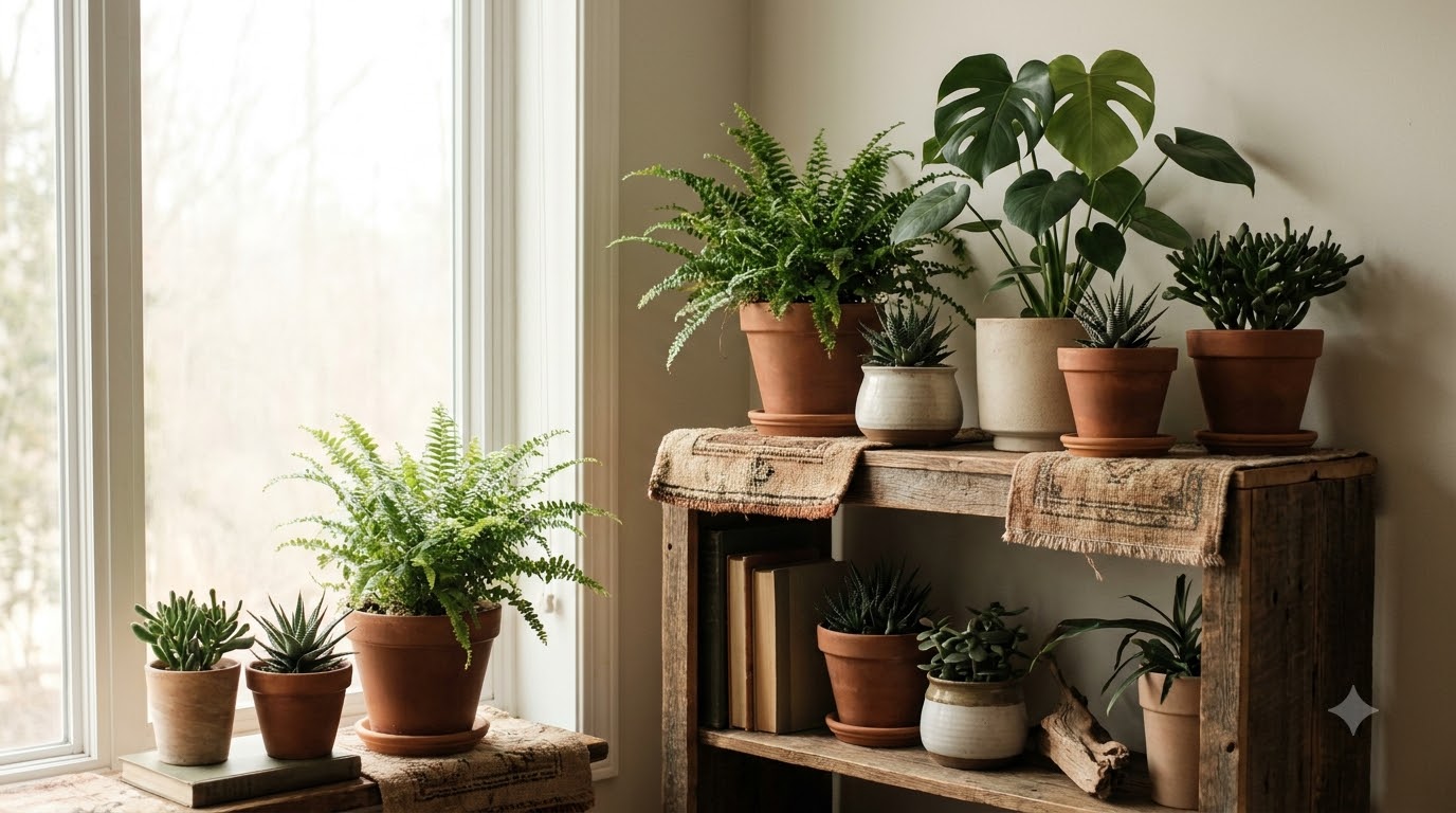 Trailing pothos and string of pearls in ceramic pots hanging near a bright window