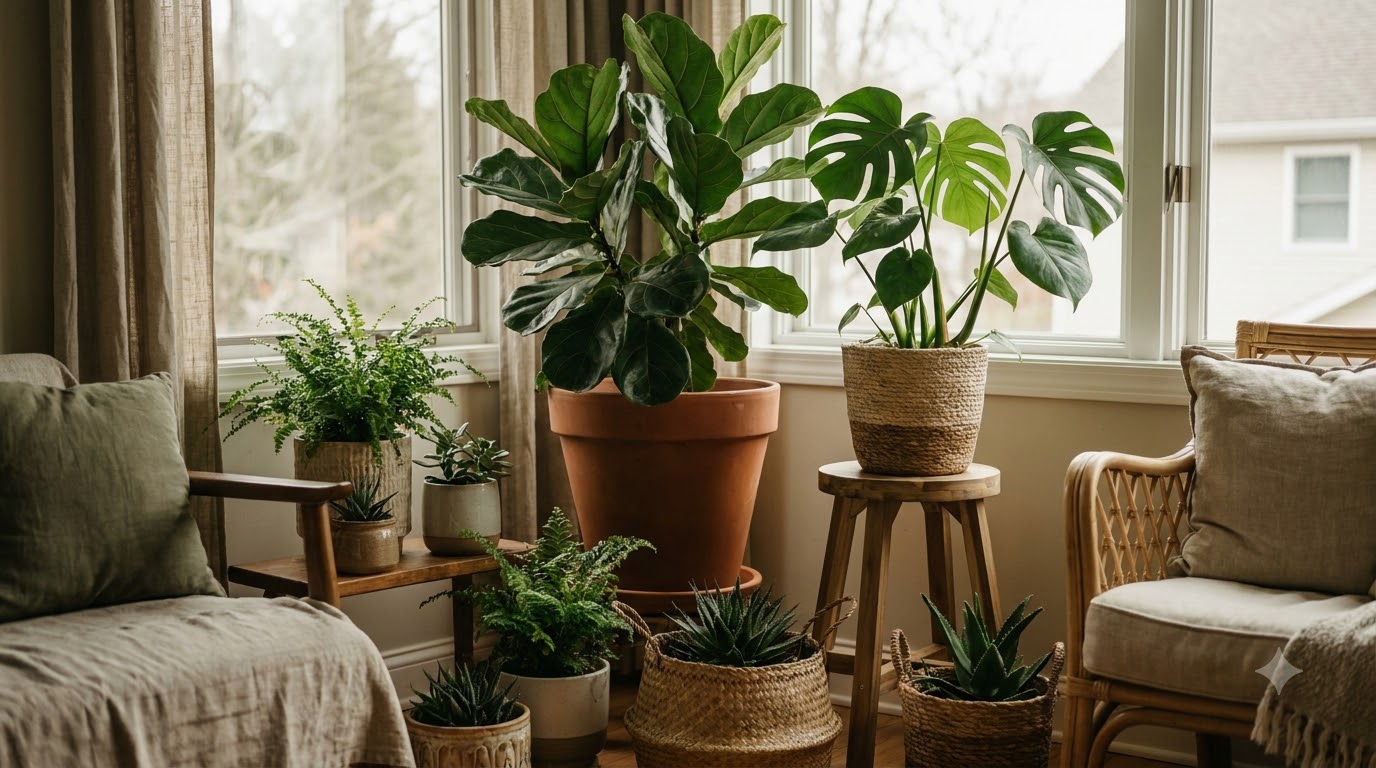 Three small plants hanging from a tension rod across a bright kitchen window with S-hooks
