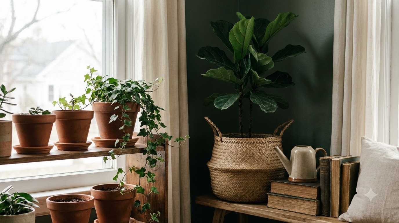 A cluster of three trailing plants at staggered heights in macramé hangers above a cozy reading corner