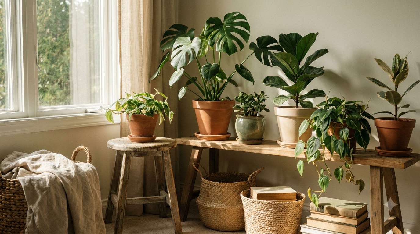 A corner plant nook with a tall floor plant, a wooden ladder shelf, and trailing pothos in mixed terracotta and cream pots