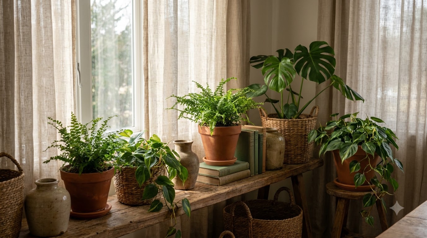 Three staggered white floating shelves beside a bright window holding small potted plants and a trailing pothos