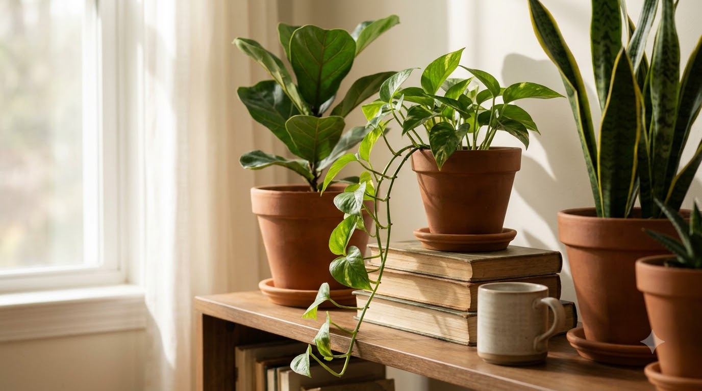 A small studio corner using a leaning ladder shelf and hanging planters packed with green trailing plants