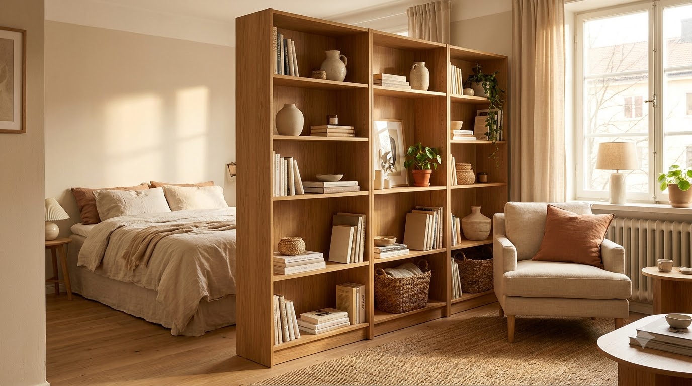 Bookshelves: the workhorse divider - Room Divider Ideas for Studios (Renter-Friendly 2026)