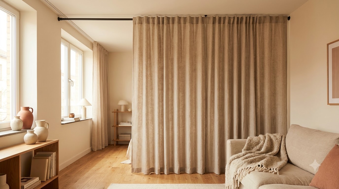 Curtains and no-drill tracks for full privacy - Room Divider Ideas for Studios (Renter-Friendly 2026)