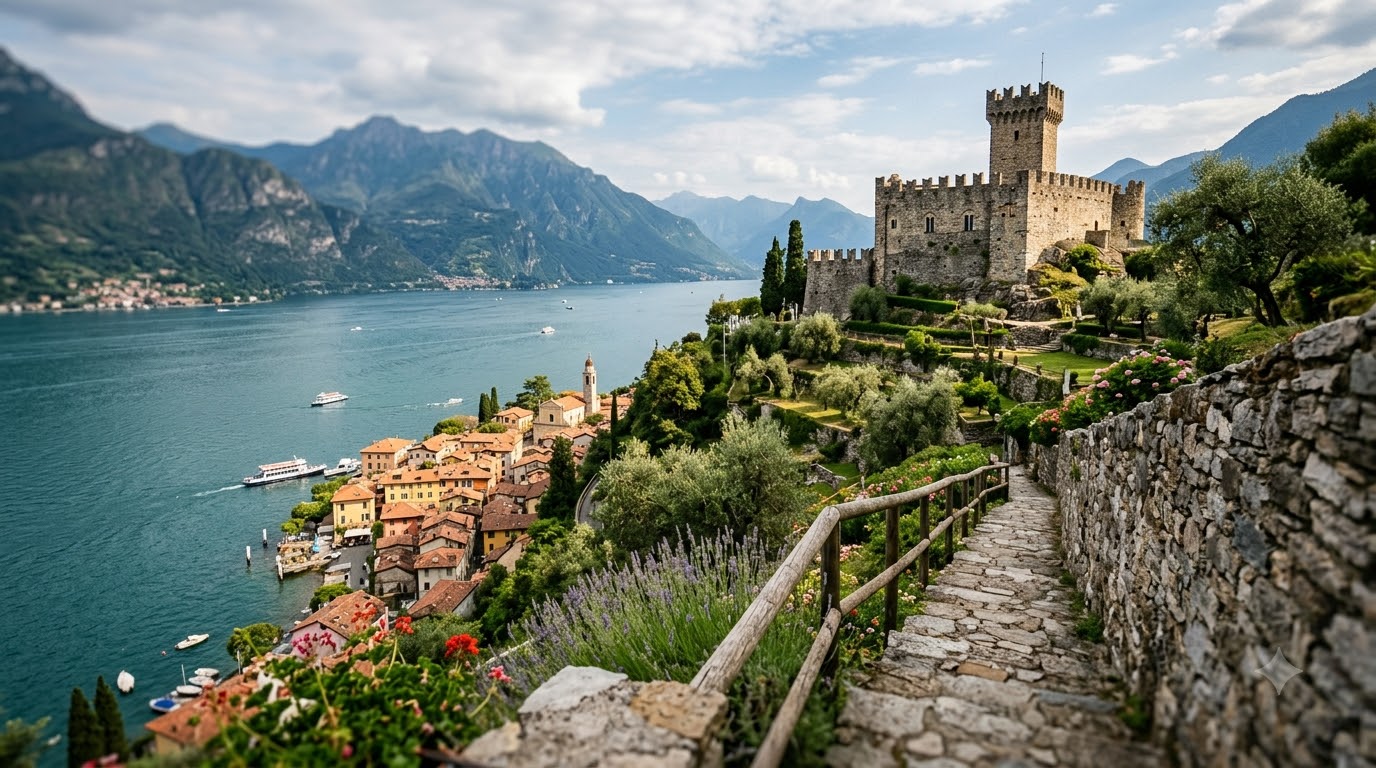 Castello di Vezio: the medieval castle above Varenna in Varenna, Lake Como, Italy