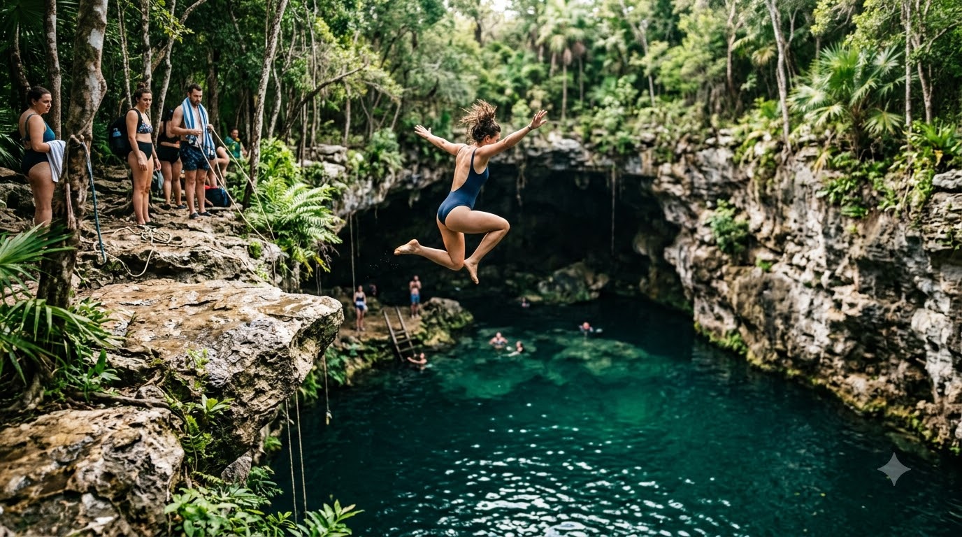 Cenote Calavera: best for cliff jumping (Temple of Doom) Tulum cenotes