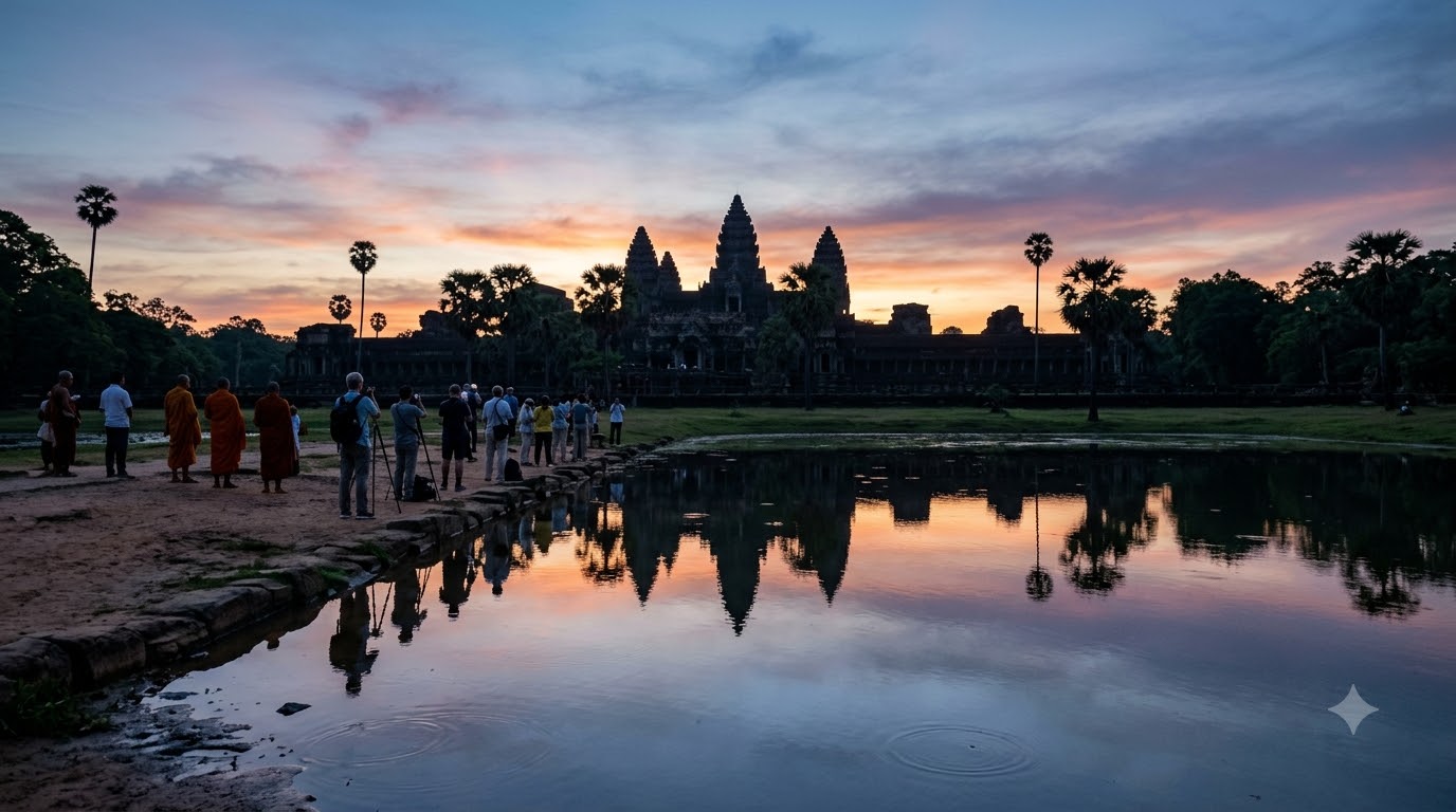 What time should you arrive at Angkor Wat for sunrise? Angkor Wat sunrise