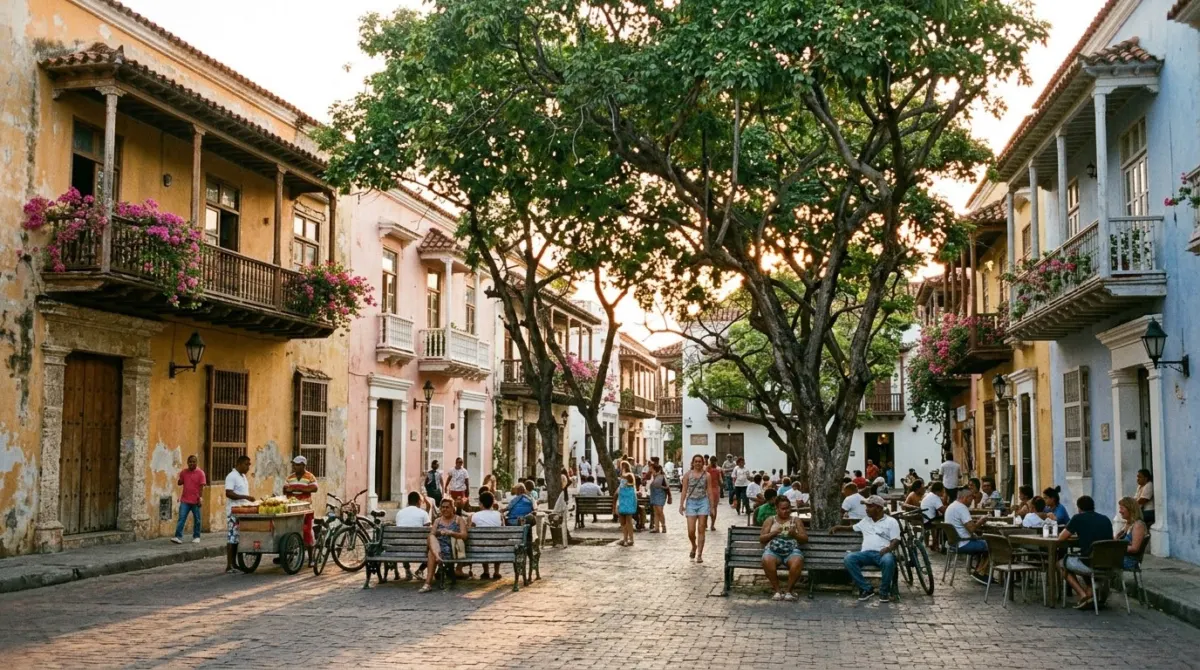 A small colonial plaza with pastel houses, wooden balconies and trees in warm evening light, San Diego, Cartagena, Colombia