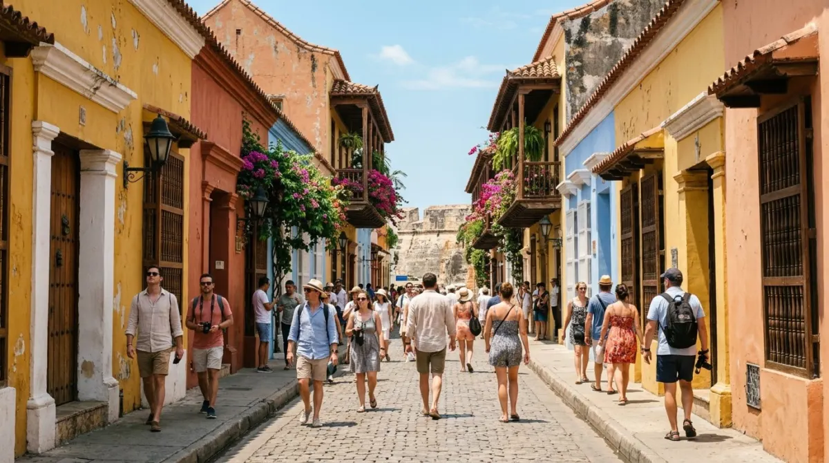 Visitors walking along a sunny street of colourful colonial houses inside the old city walls, Cartagena, Colombia
