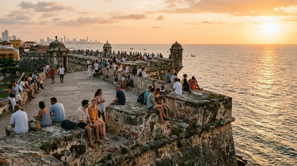 People sitting on the old stone city walls at sunset with the sea beyond, Cartagena, Colombia