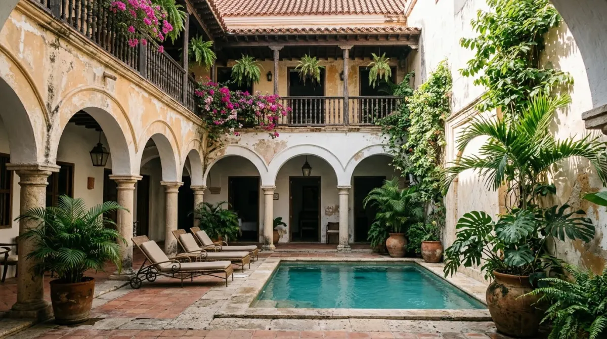 A small colonial boutique hotel courtyard with a plunge pool, plants and arched walkways, Cartagena, Colombia