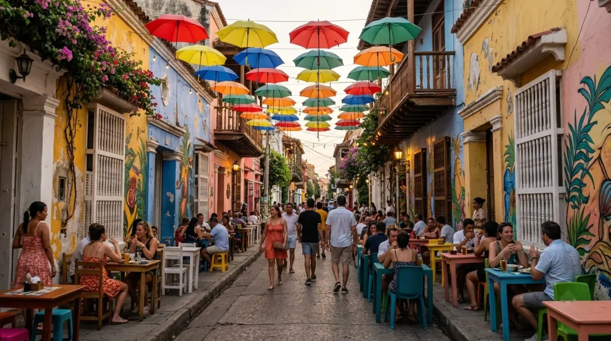 A colourful street with murals and hanging umbrellas above, people chatting at small tables in the evening, Getsemaní, Cartagena, Colombia