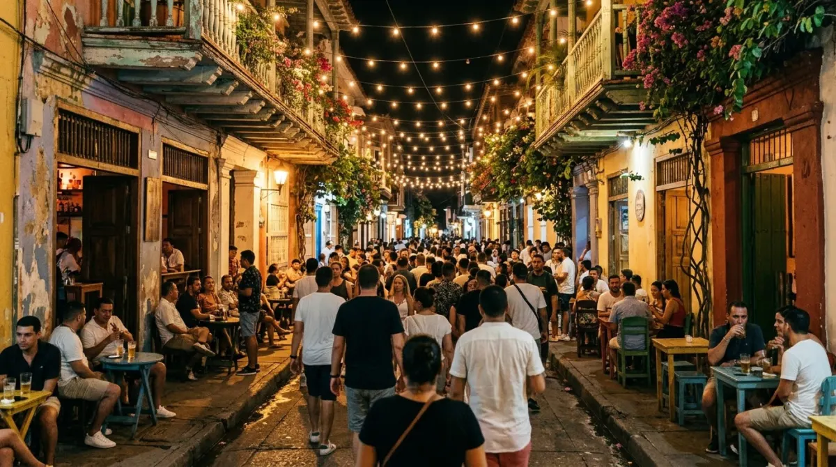 A busy narrow street at night with open-fronted bars, string lights and people walking, Getsemaní, Cartagena, Colombia