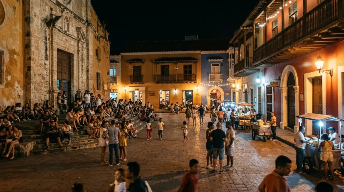 A lively colonial plaza at night with people sitting on steps and street lights glowing, Getsemaní, Cartagena, Colombia