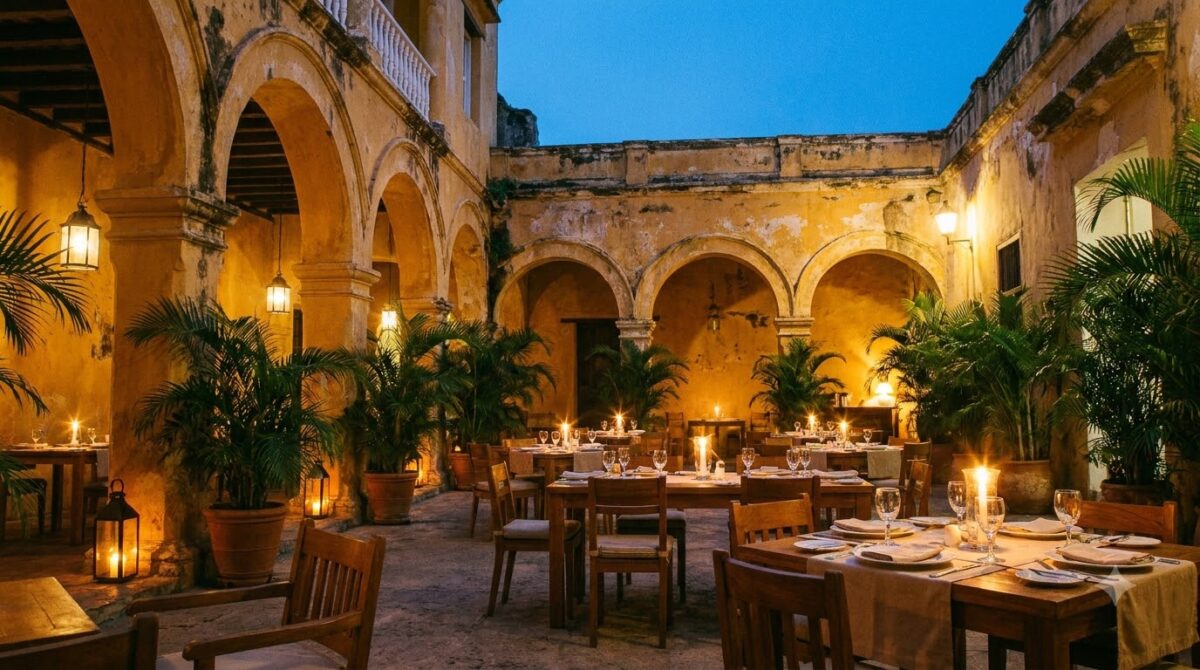 Courtyard restaurant in Cartagena, Colombia, lit by lanterns at dusk