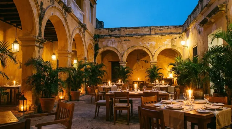 Beautiful outdoor courtyard with dining tables and lush plants at dusk.