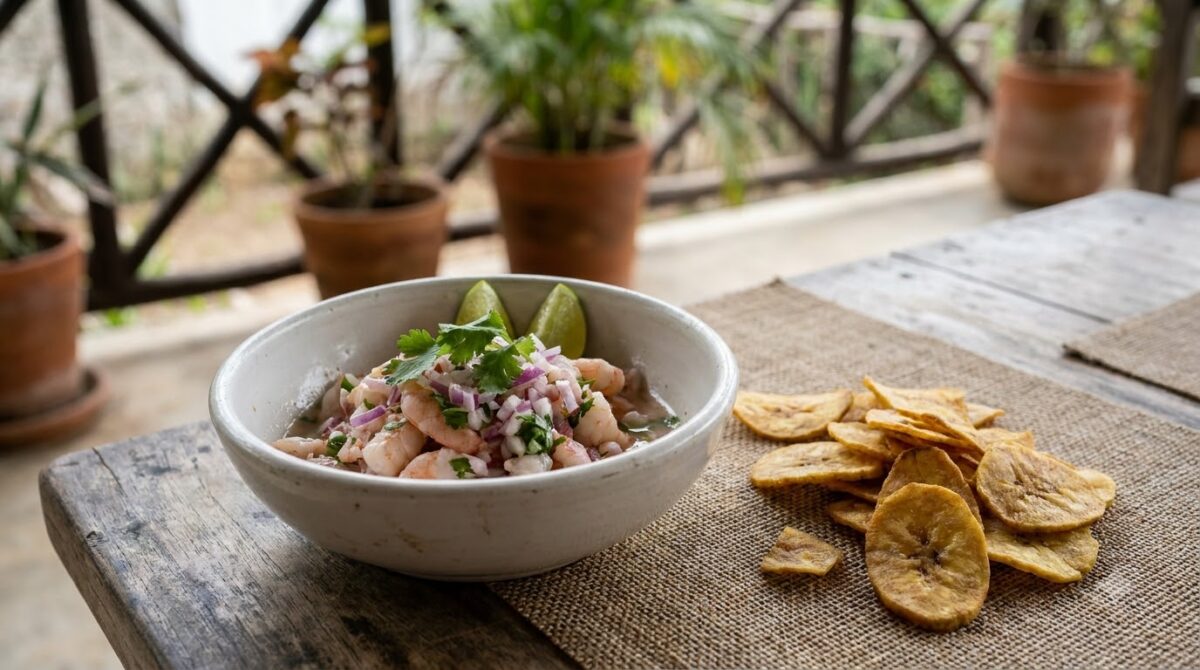Bowl of shrimp ceviche with red onion and lime on a wooden table in Cartagena