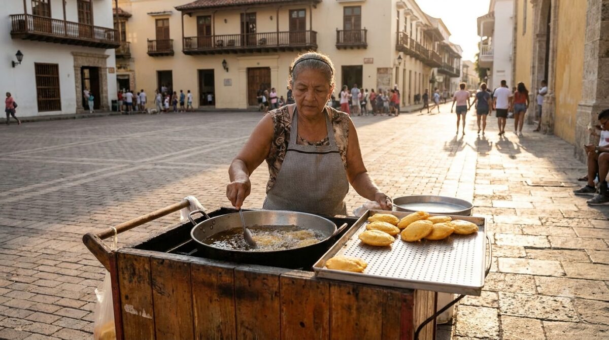 Street cart frying arepas de huevo on a cobbled street in Cartagena
