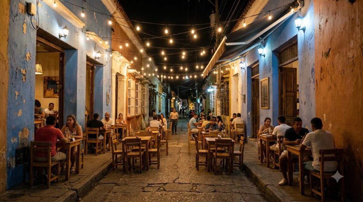 Restaurant tables and string lights on a street in Getsemani, Cartagena, at night