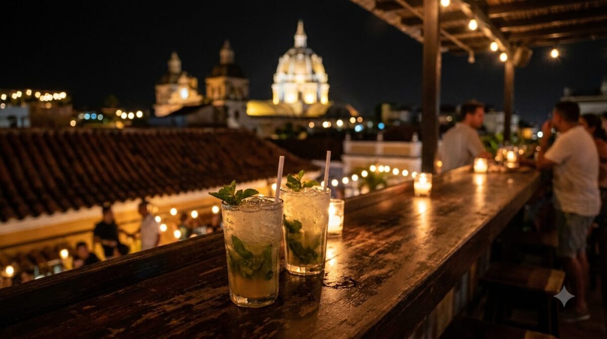Cocktails on a rooftop bar overlooking terracotta rooftops in Cartagena at night