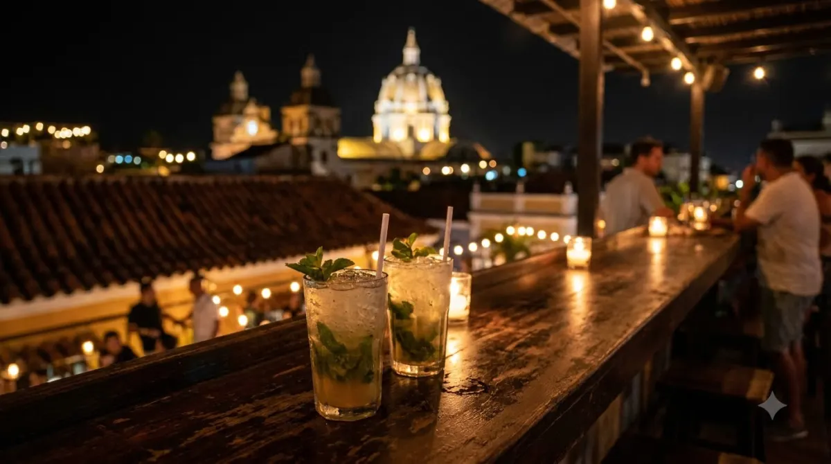 Cocktails on a rooftop bar overlooking terracotta rooftops in Cartagena at night
