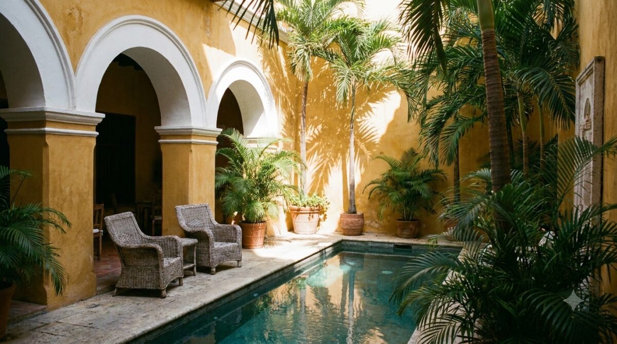 Plunge pool in the courtyard of a small colonial hotel in Cartagena, Colombia