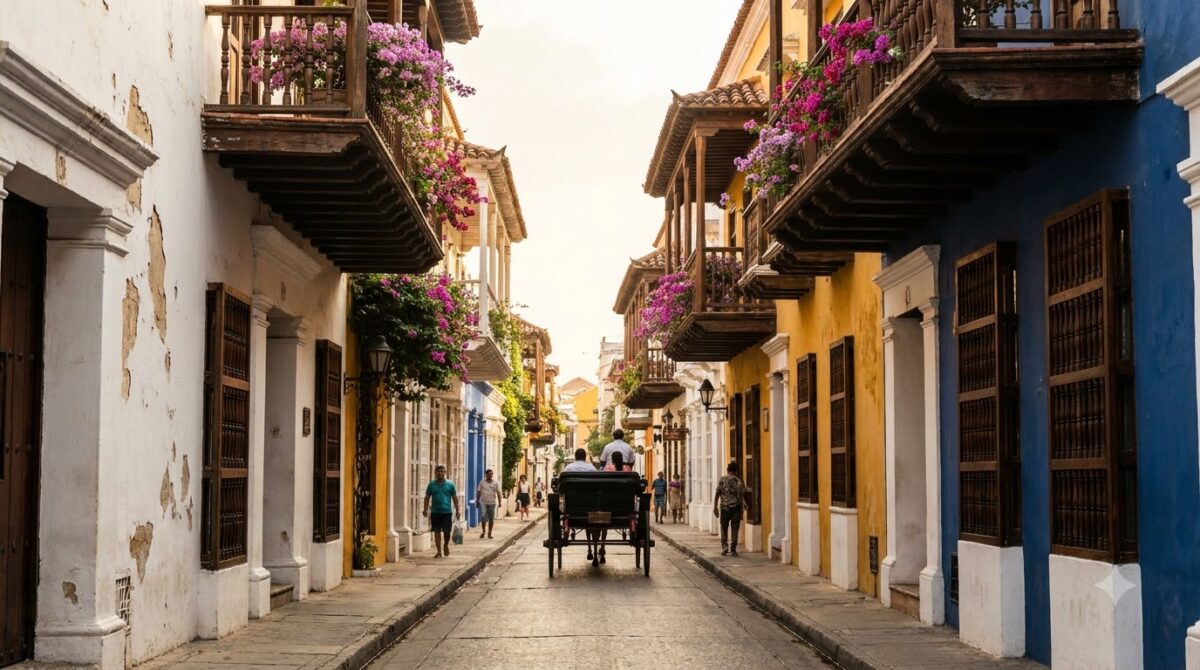 Colonial street with painted houses and wooden balconies inside the walled city of Cartagena