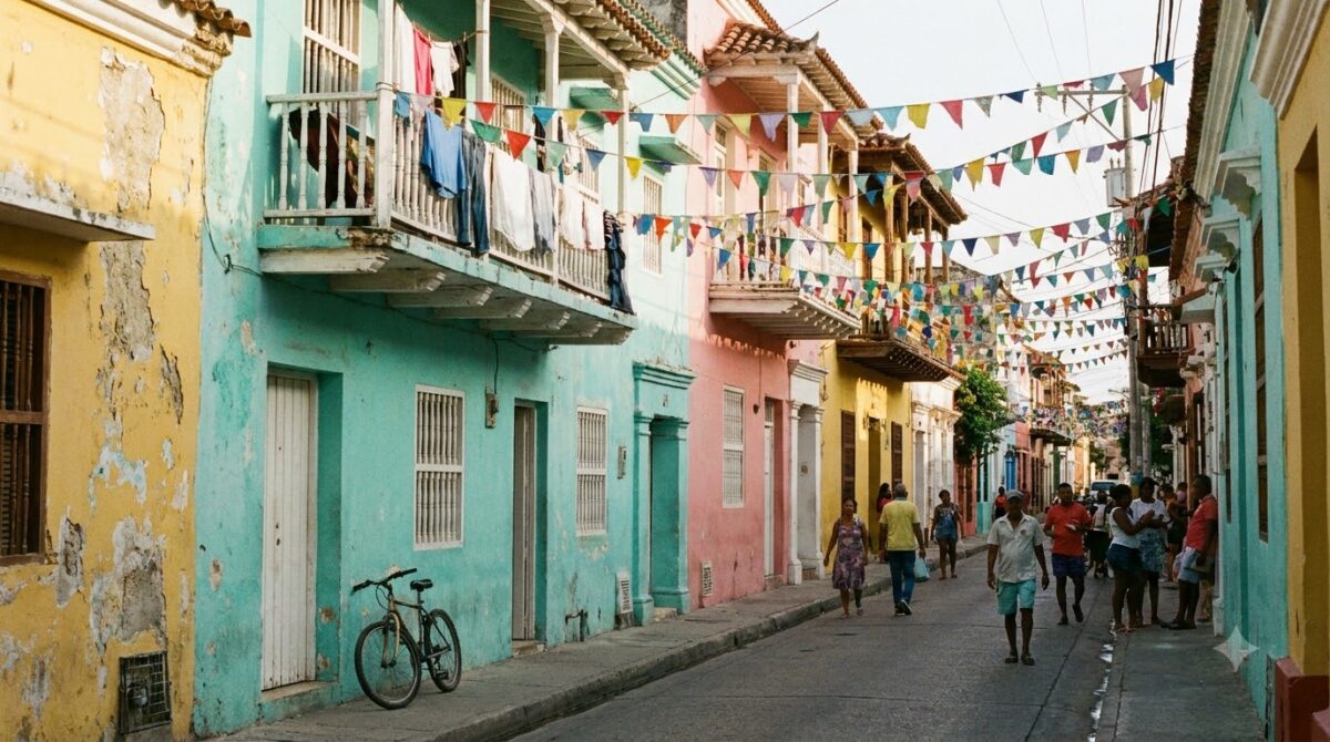 Brightly painted houses and bunting on a residential street in Getsemani, Cartagena