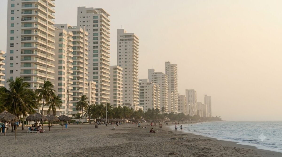High-rise apartment towers behind the beach at Bocagrande, Cartagena