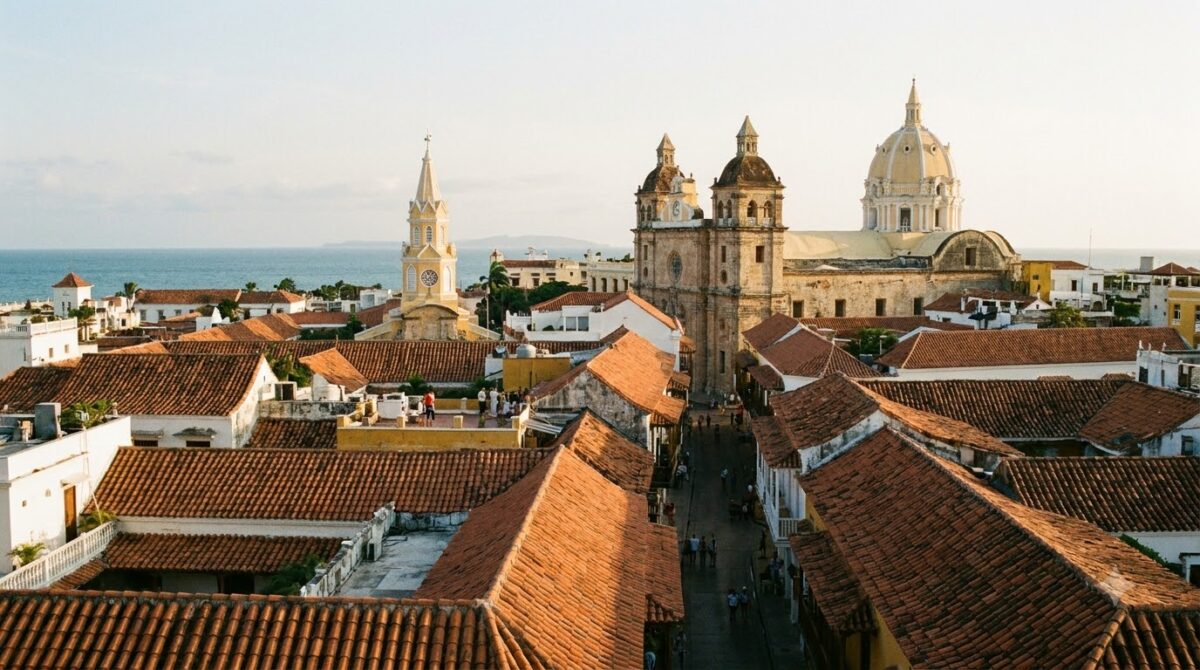 View from a hotel balcony over terracotta rooftops in Cartagena old town at sunset