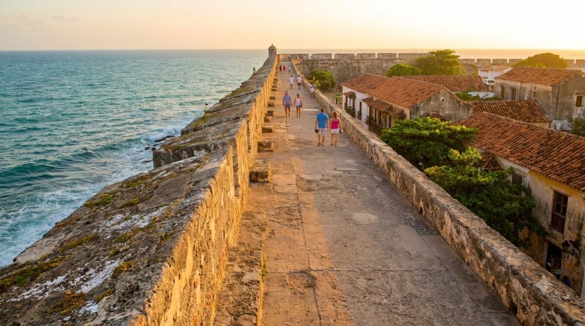 Stone city walls of Cartagena at sunset with the sea on one side and rooftops on the other