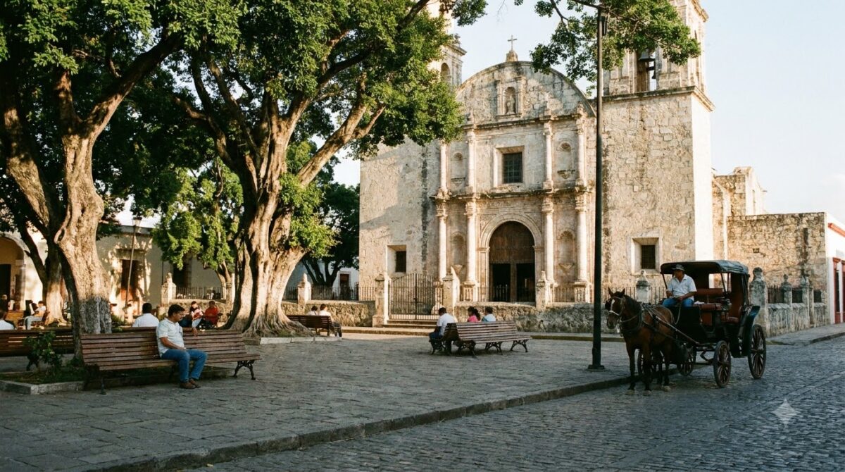 Colonial plaza in Cartagena with a church facade and a horse-drawn carriage waiting
